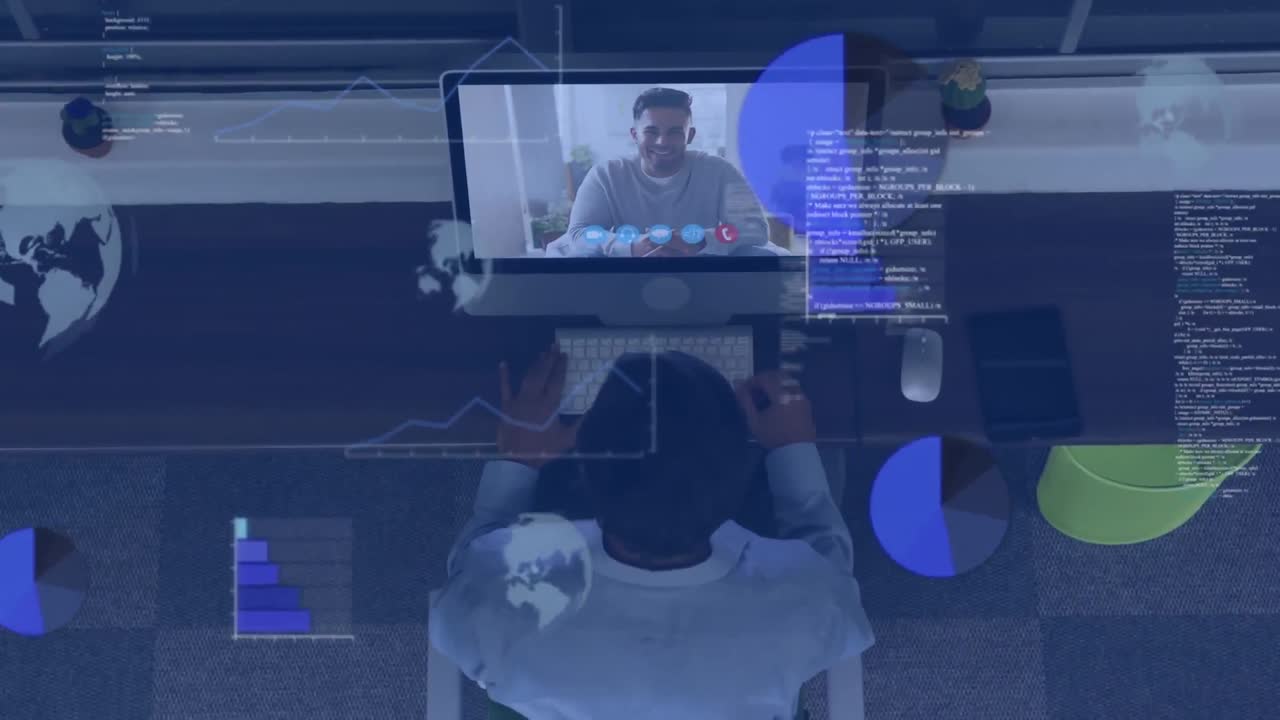 animation der datenverarbeitung über verschiedene geschäftsleute, die videoanrufe führen