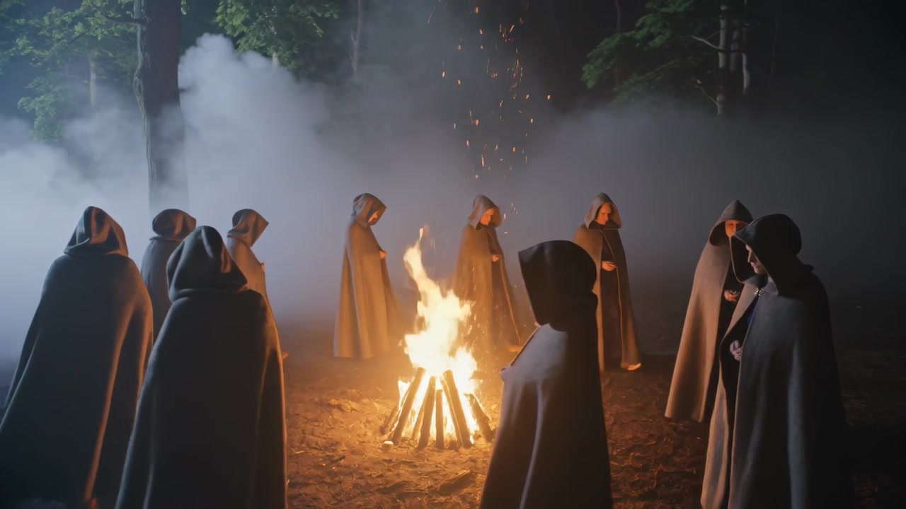 Reacting to sparks, cloaked figures circling bonfire in foggy forest clearing at night for ritual