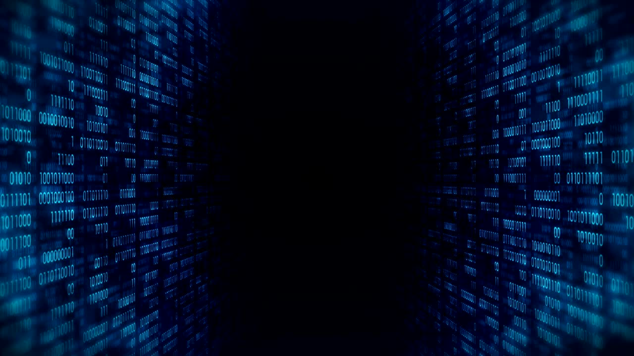Binary code dark blue background. Web online streaming with digital technology loop animation. Number zero and one. Computer network.