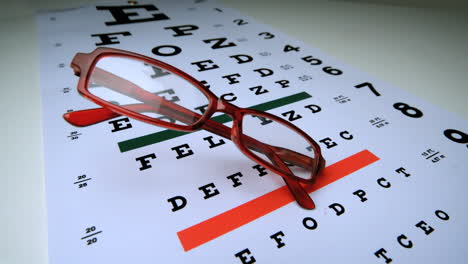gafas de lectura rojas cayendo sobre una prueba de ojos