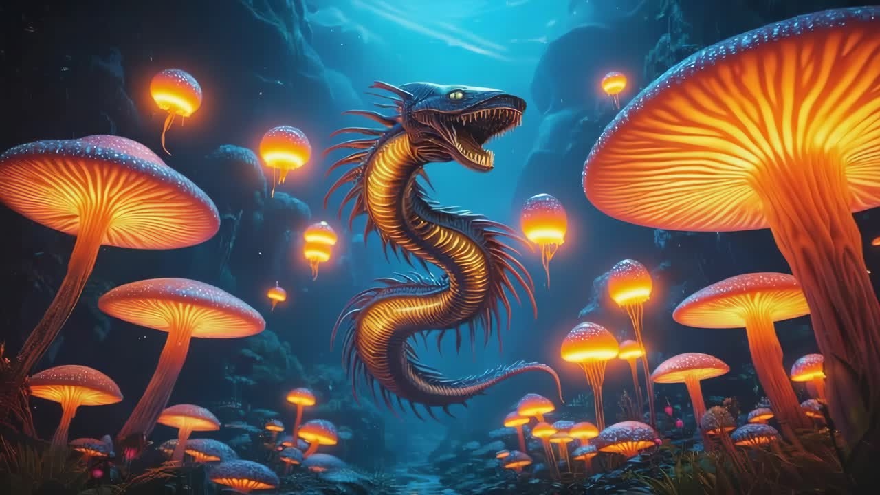 A dragon in a mushroom forest