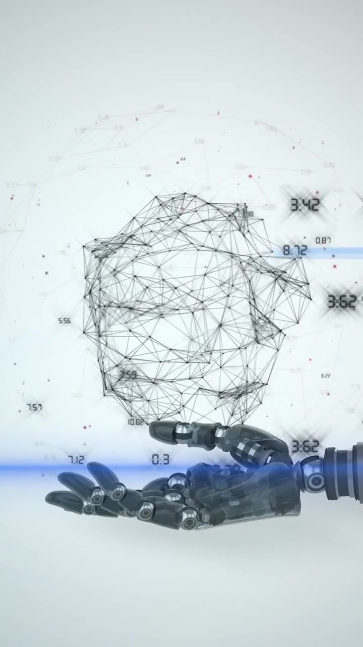 Анимация сети обработки данных над рукой робота, с синим светом на сером фоне.