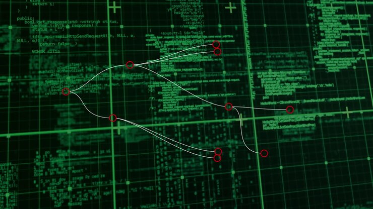 Animation of data processing over dark background