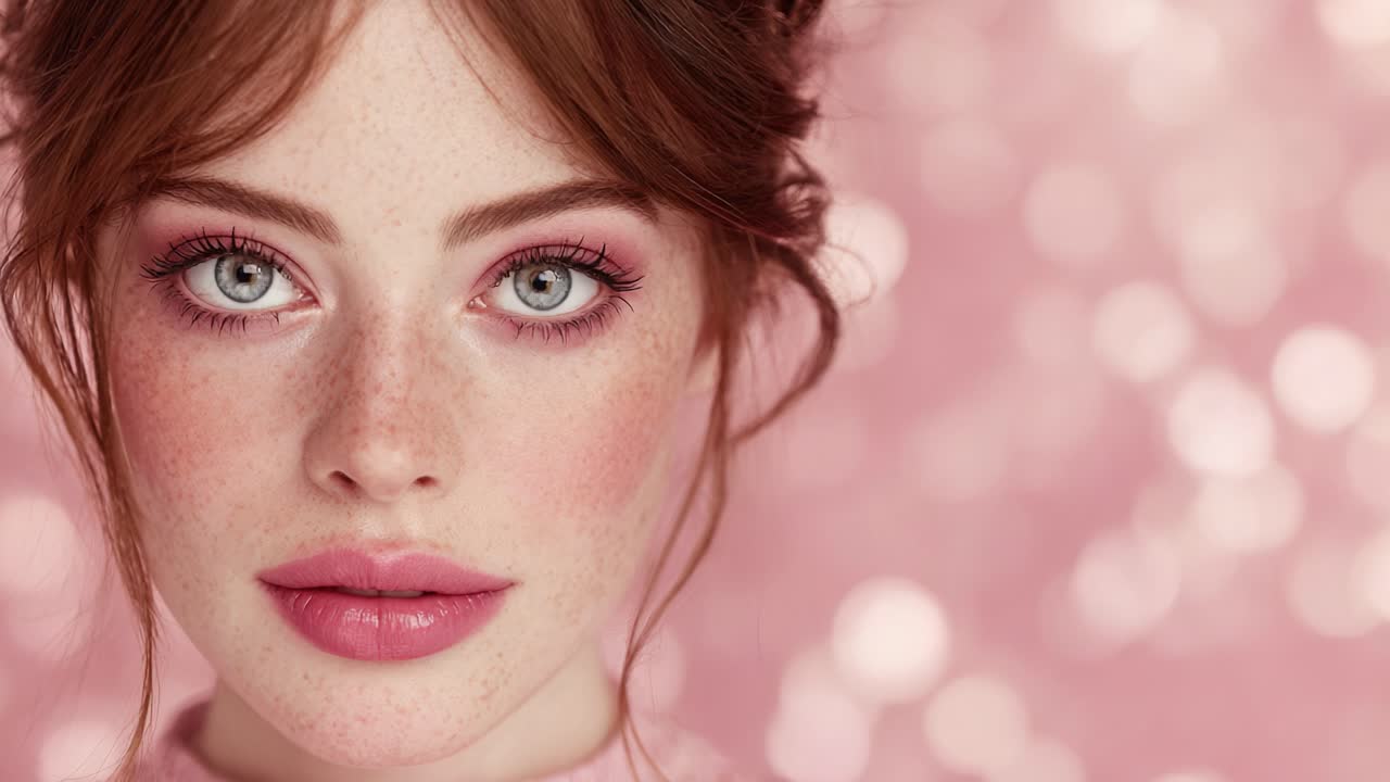 Incantevole ritratto di una giovane donna con splendidi occhi azzurri e lentiggini, circondata da uno sfondo rosa da sogno, che mette in risalto la bellezza e il fascino in ogni dettaglio