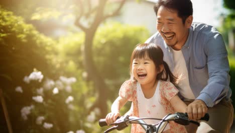 Heartwarming video scene of a father and daughter joyfully biking, captured from a side angle