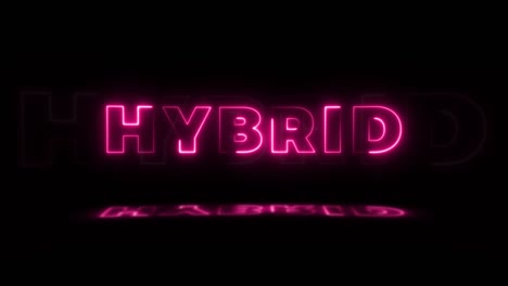 word 'hybrid' neon glowing on a black background with reflections on a floor. neon glow signs in seamless loop motion graphic