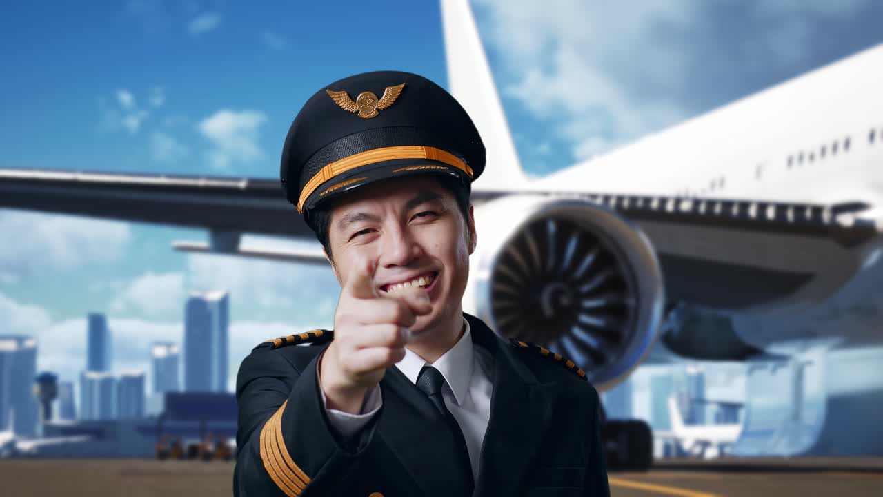 조종사가 카메라를 가리키고 있습니다.