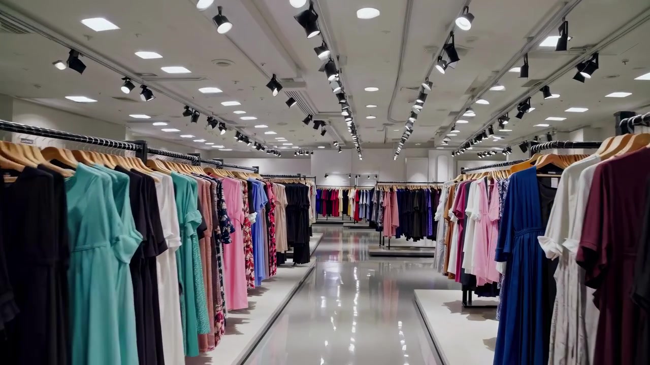 Rows of Colorful Dresses on Racks in Clothing Store