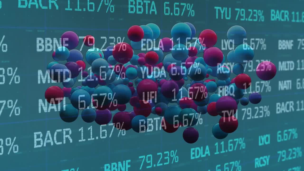 Animation of pink and blue baubles over stock market data on green background