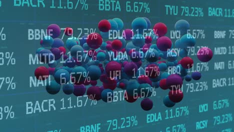 animation of pink and blue baubles over stock market data on green background