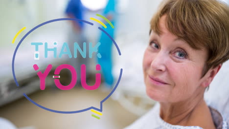 animation of thank you text over female doctor smiling