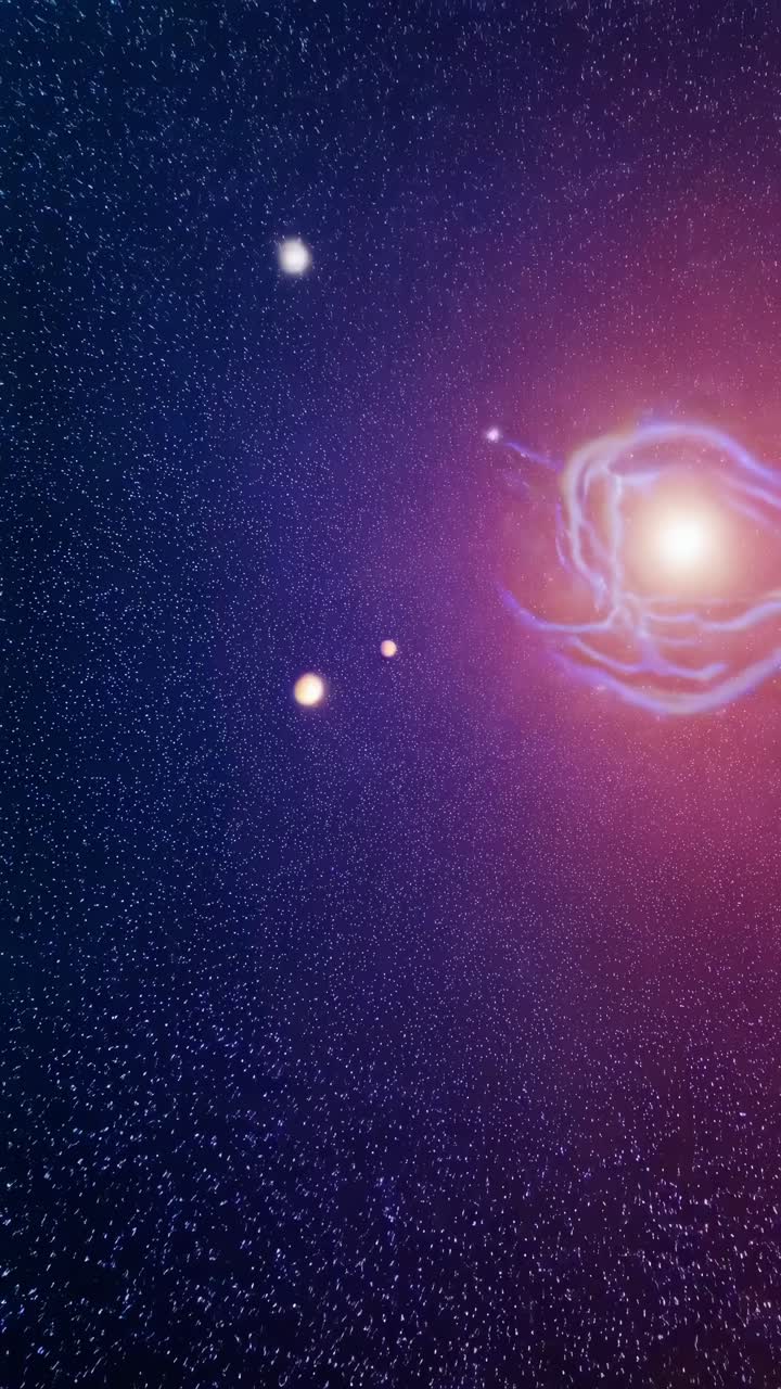 Una scena video cosmica con un angolo dall'alto, che mostra una stella splendente e pianeti in mezzo a un cielo stellato