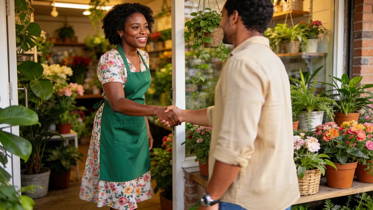 Un homme entre dans une jardinerie, le personnel l'accueille, lui serre la main, lui montre des plantes et l'invite.