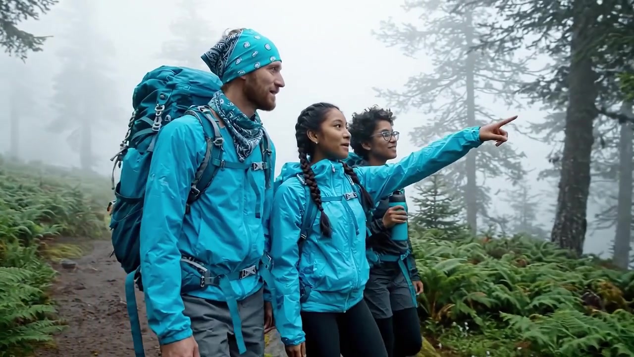 Tre avventurieri in vivace attrezzatura da trekking blu camminano attraverso foreste nebbiose circondati da una vegetazione lussureggiante, intraprendendo insieme un'ispirante spedizione all'aperto.