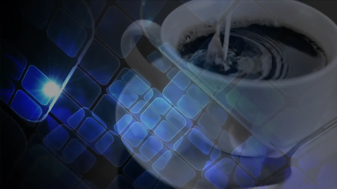 White coffee cup being filled with milk in 3D render, showing swirling ripples and blue grid