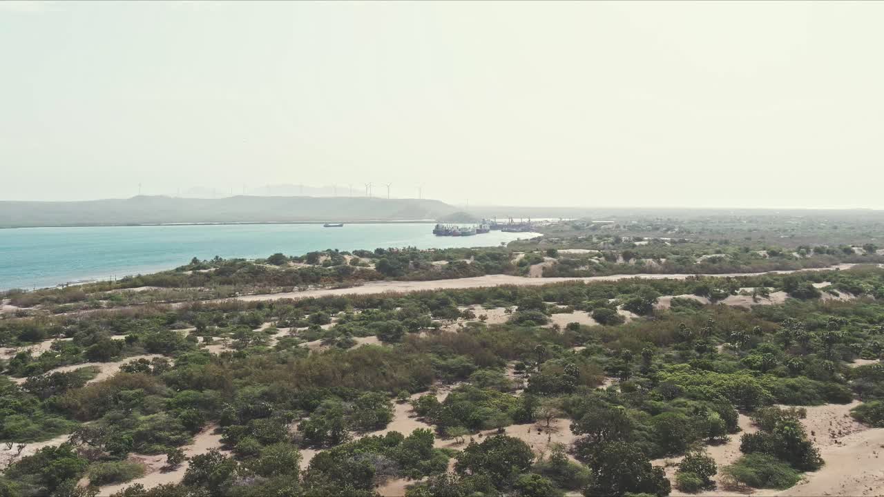 vista aérea sobre la vegetación verde y las dunas de bani, en república dominicana - reversa, disparo de drones