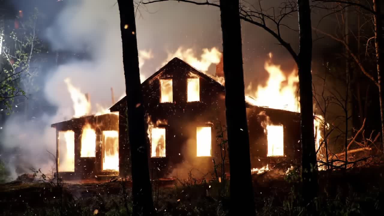 Intense Blaze Engulfs Abandoned Structure at Night, Illuminating the Surrounding Forest in a Spectacle of Flames and Smoke, Highlighting the Dangers of Fire and Destruction