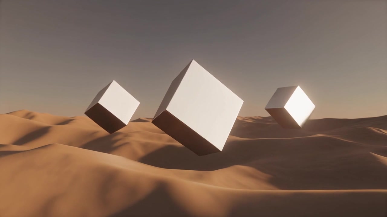 Tre Cubi Metallici Che Fluttuano Sopra un Paesaggio Desertico