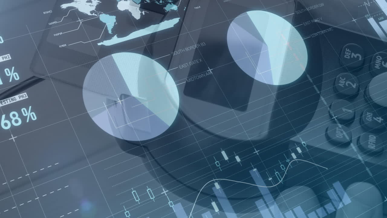 Animation of graphs and financial data over hand of caucasian man holding payment terminal