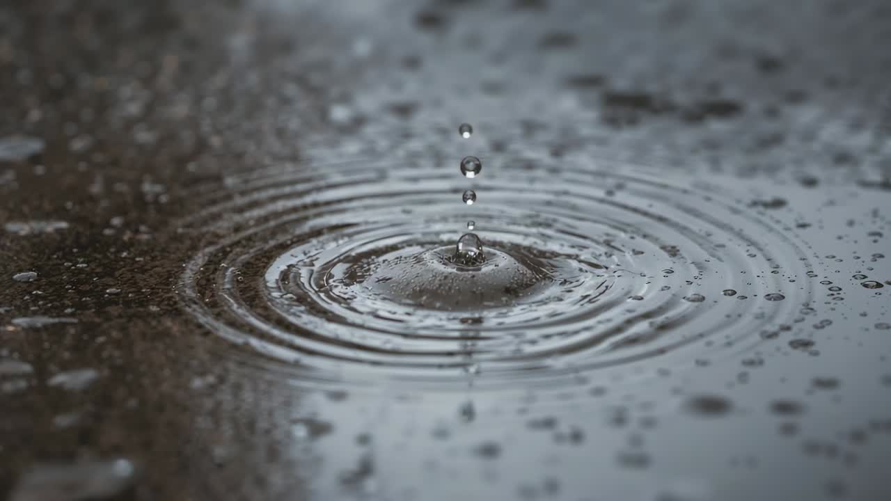 Chaîne descendante de gouttelettes formant des couronnes et des anneaux d’ondulation sur une flaque centrale sur une dalle détrempée par la pluie