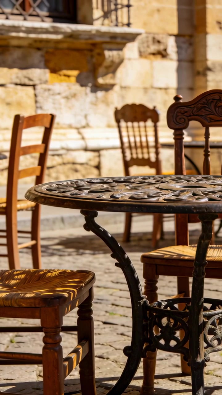 Tavolo e sedie in ferro al centro di un caffè illuminato dal sole, con la luce solare che crea ombre traforate in movimento.
