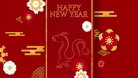 animation of happy new year text and dragon sign with chinese pattern on red background