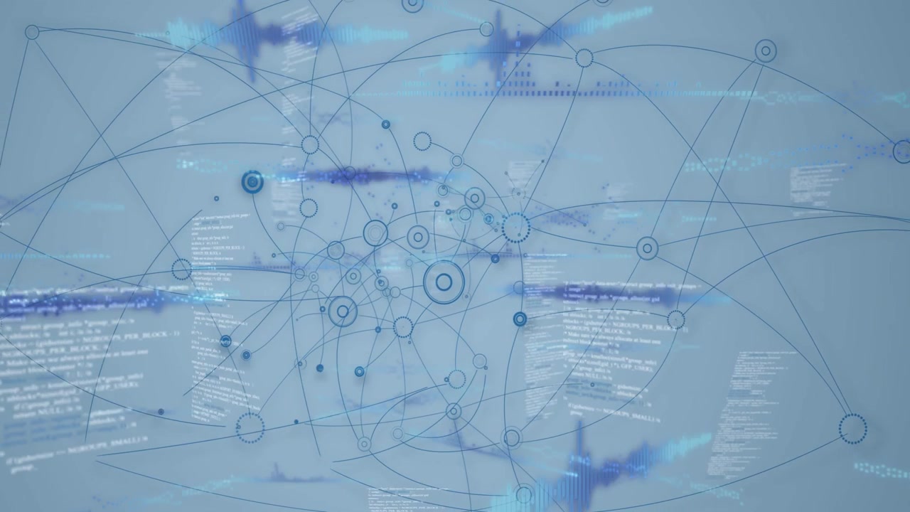 Kleiner blauer Punkt, der einen Ring initiiert, Bögen und Knoten ausstrahlt, sich bewegende Wellenformen, die das Netzwerk-Wachstum visualisieren.