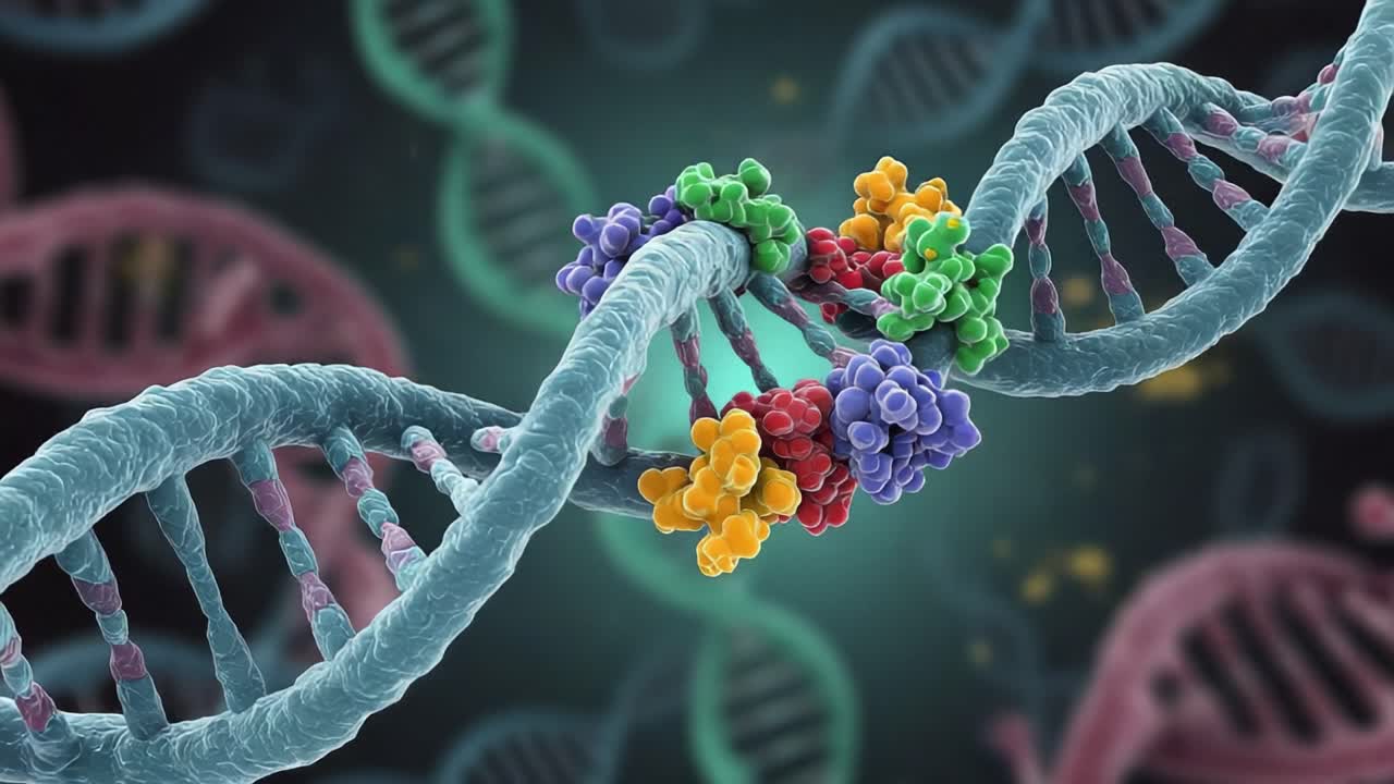 A Close-Up Look at the Intricate Structure of DNA, Highlighting the Dual Helix and Colorful Protein Complexes Essential for Genetic Functionality and Cellular Activity