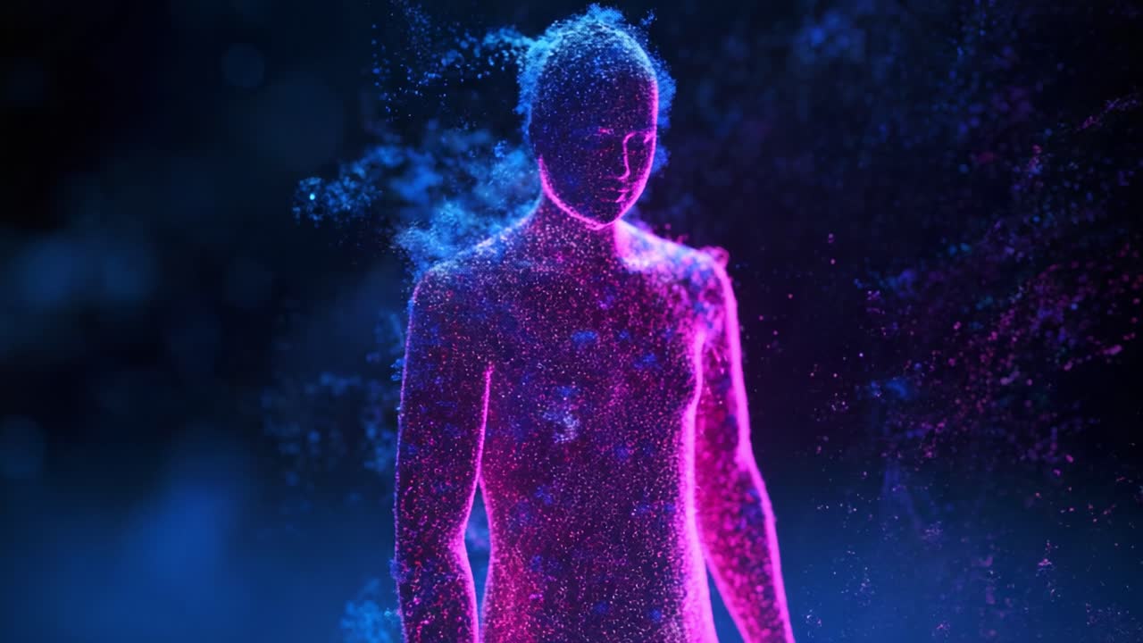 A mesmerizing representation of a glowing figure composed of vibrant particles, illustrating the beauty of human form in a digital and abstract style, captured in stunning detail and colors