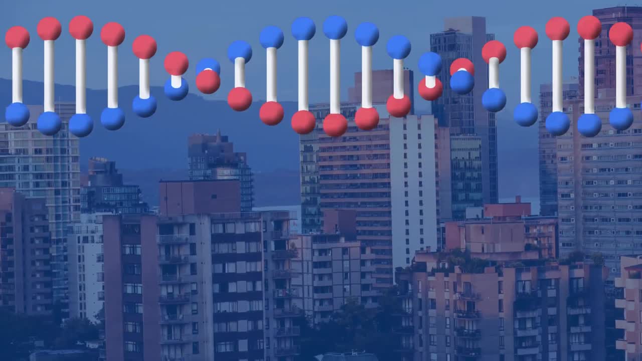 도시 풍경 위에서 회전하는 dna 가닥의 애니메이션