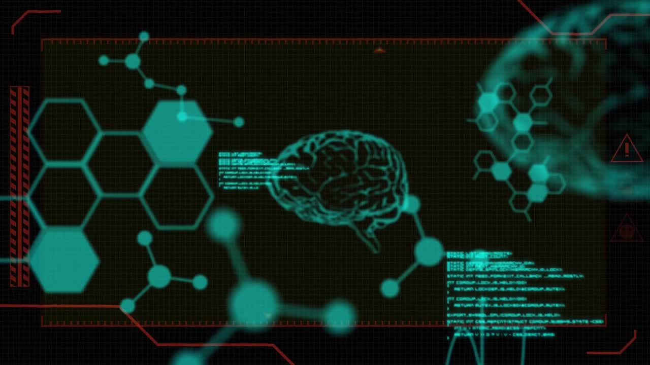 Animation of human brains and data processing over black background