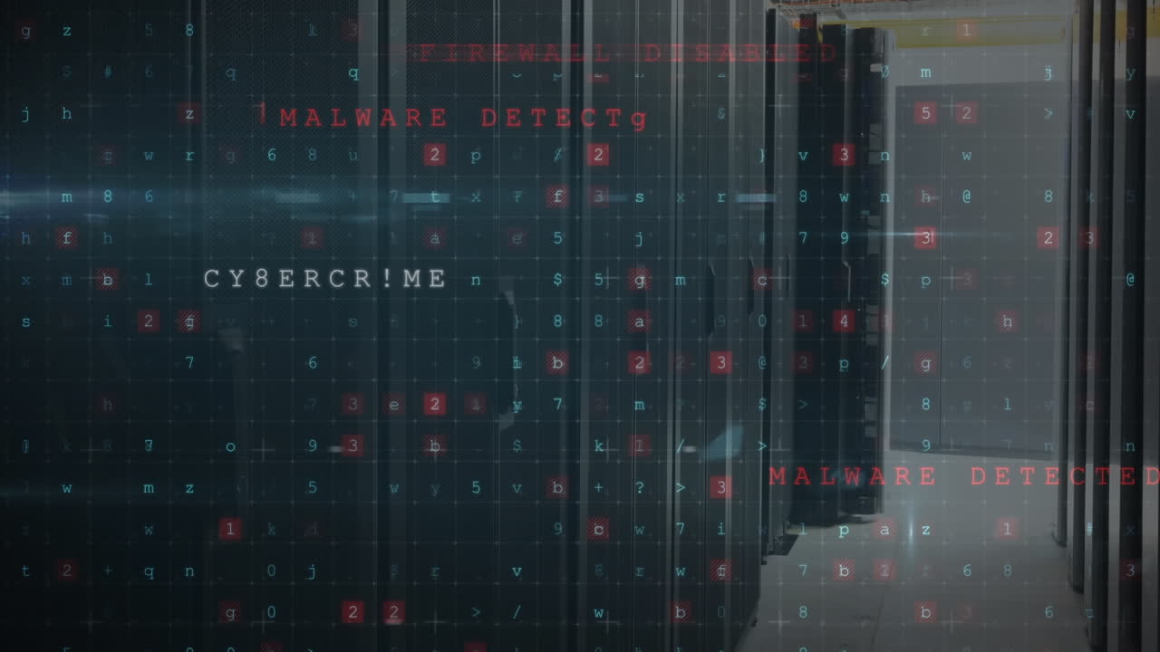 Animation of data processing and hacking texts over server room