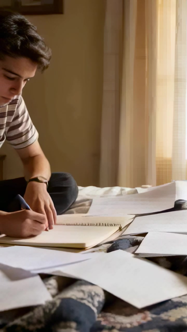 Video vertical: Hombre con camiseta a rayas estudiando en la cama, revisando un cuaderno con un bolígrafo, con espacio para texto.