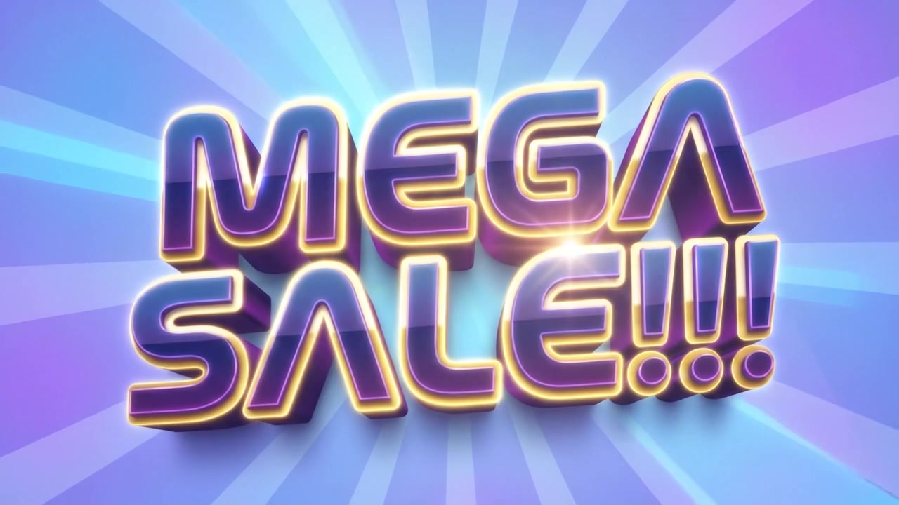 Animazione di banner testuale promozionale Mega Saldi con tipografia 3D vibrante.