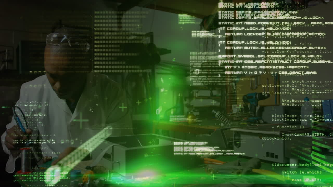 Animation of data processing over african american male engineer working at factory