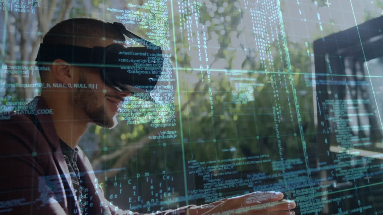 Man smiling while wearing a virtual reality headset