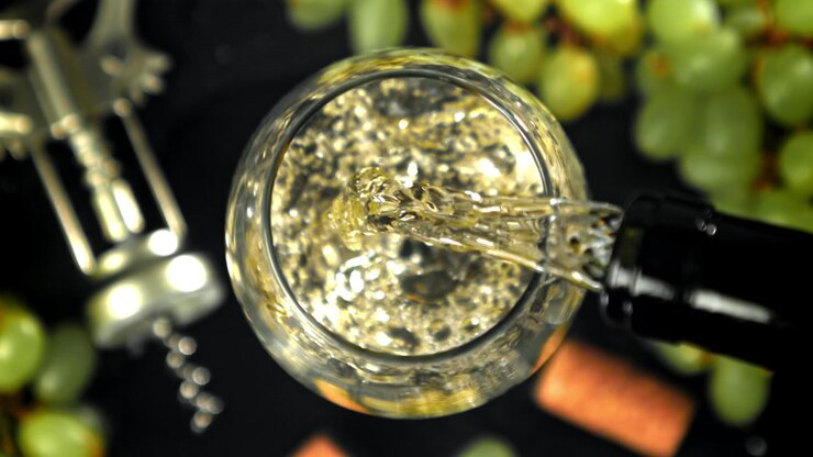 Versamento al rallentatore di vino bianco in un bicchiere, vista dall'alto