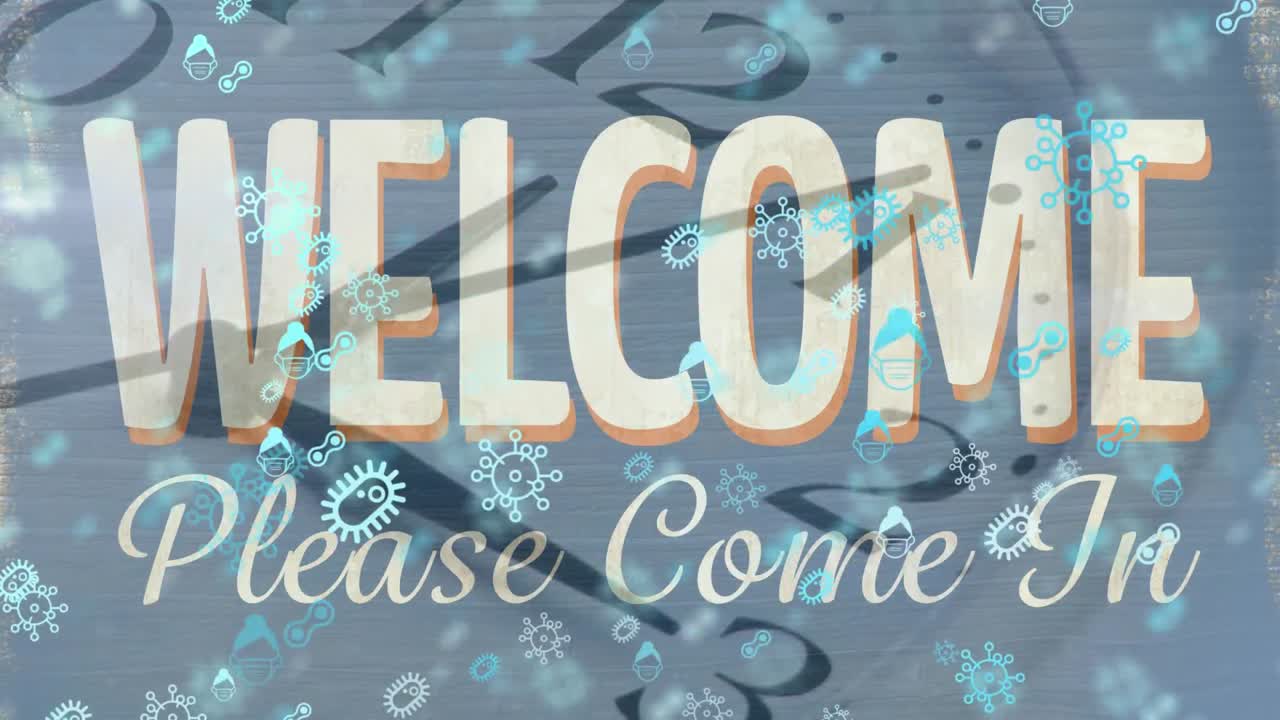 텍스트 환영과 움직이는 시계 위에 여러 개의 떠다니는 코로나바이러스 아이콘의 애니메이션