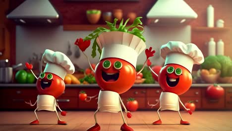 a group of cartoon tomatoes in a kitchen with chef hats and vegetables