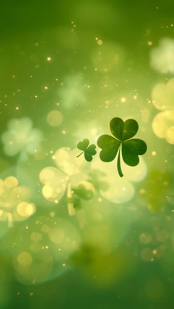 Vertical video: Loop starting, two shamrocks drifting over green backdrop, forming seamless loop