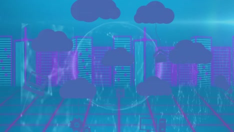 animación de iconos digitales vinculados a iconos de nube en todo el mundo, procesamiento de datos y modelo de ciudad 3d.