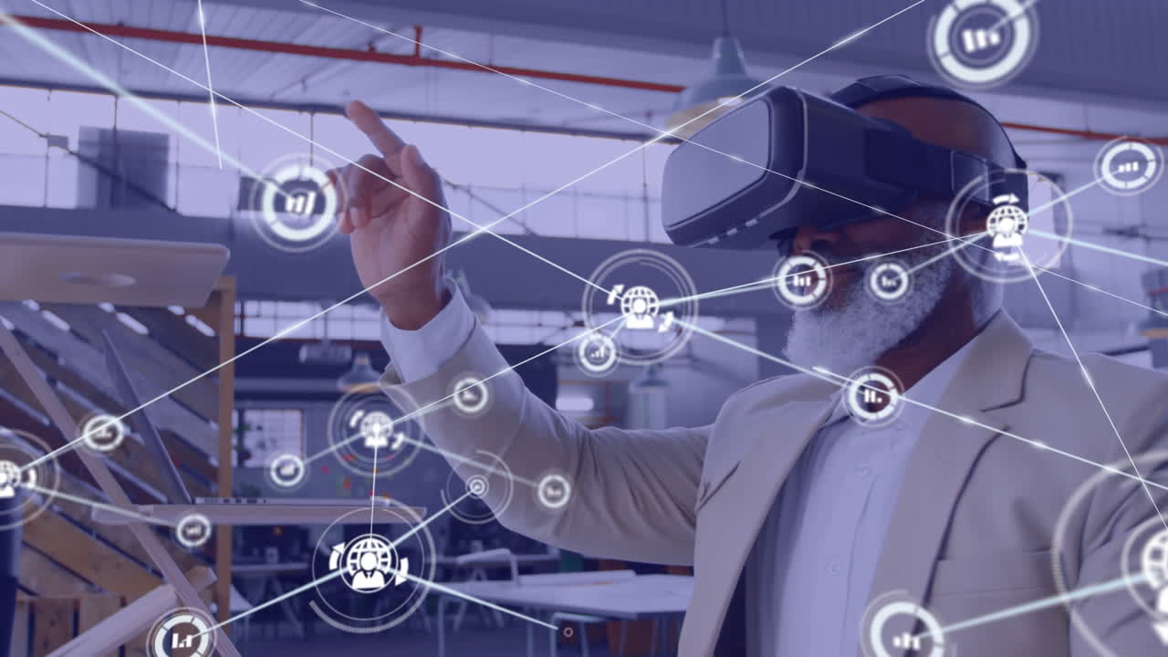 Animation of network of connections with icons over african american businessman using vr headset