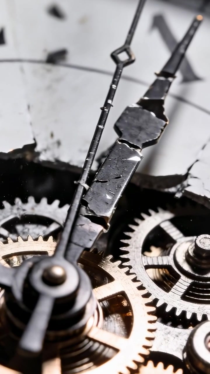 Vertical video: Showing cracked-dial clock running on bench, hands advancing clockwise keeping time