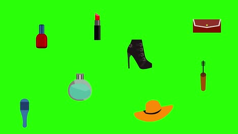 women fashion style elements animation on green screen chroma key, flat design