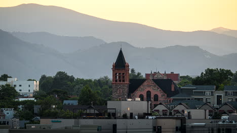 sunset telephoto timelapse view of the kirk of highland old church, denver