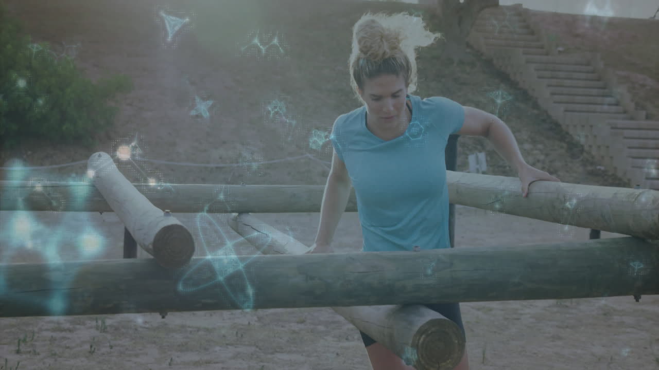 Woman navigating obstacle course with digital animation overlay of glowing symbols