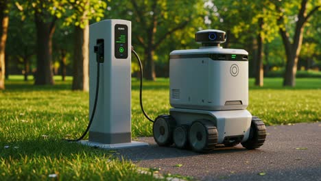 an innovative robot recharges at a modern charging station in a lush green park environment, showcasing the future of technology and sustainability