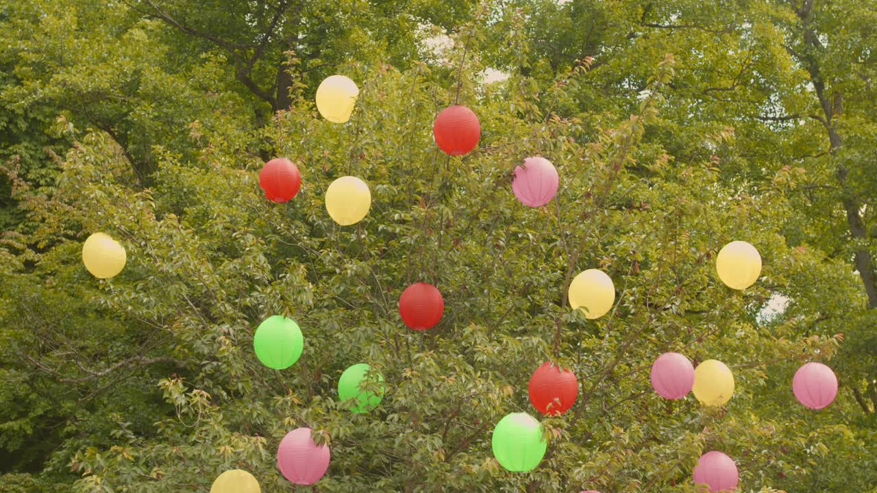 View of Chinese lanterns hanging from trees during daytime in Thailand.