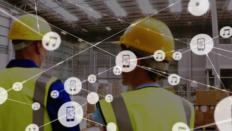 Animation-of-network-of-connections-over-man-and-woman-working-in-warehouse