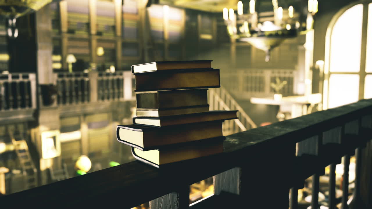 Old books on balcony shelves vintage library with glowing illumination